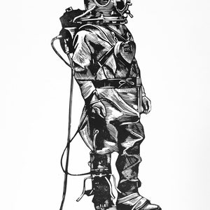 Deep Sea Diver I - Original Linocut Art Print - A3 (Sin marco)