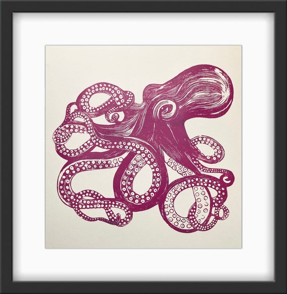Pink Octopus Original Linocut Print unframed | Etsy Ireland