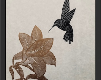 Lily and Hummingbird - Original Linocut Print