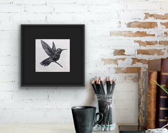 Hummingbird Linocut Mini Print | Handmade Bird Block Print | Original Wildlife Art | Nature Wall Decor | Relief Print | Bird Lover Gift
