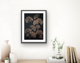 Ginkgo Leaf Linocut Print | Hand Printed Botanical Art | Copper Ink Nature Decor