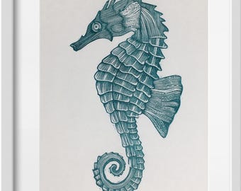 Seahorse Linocut Print - Turquoise