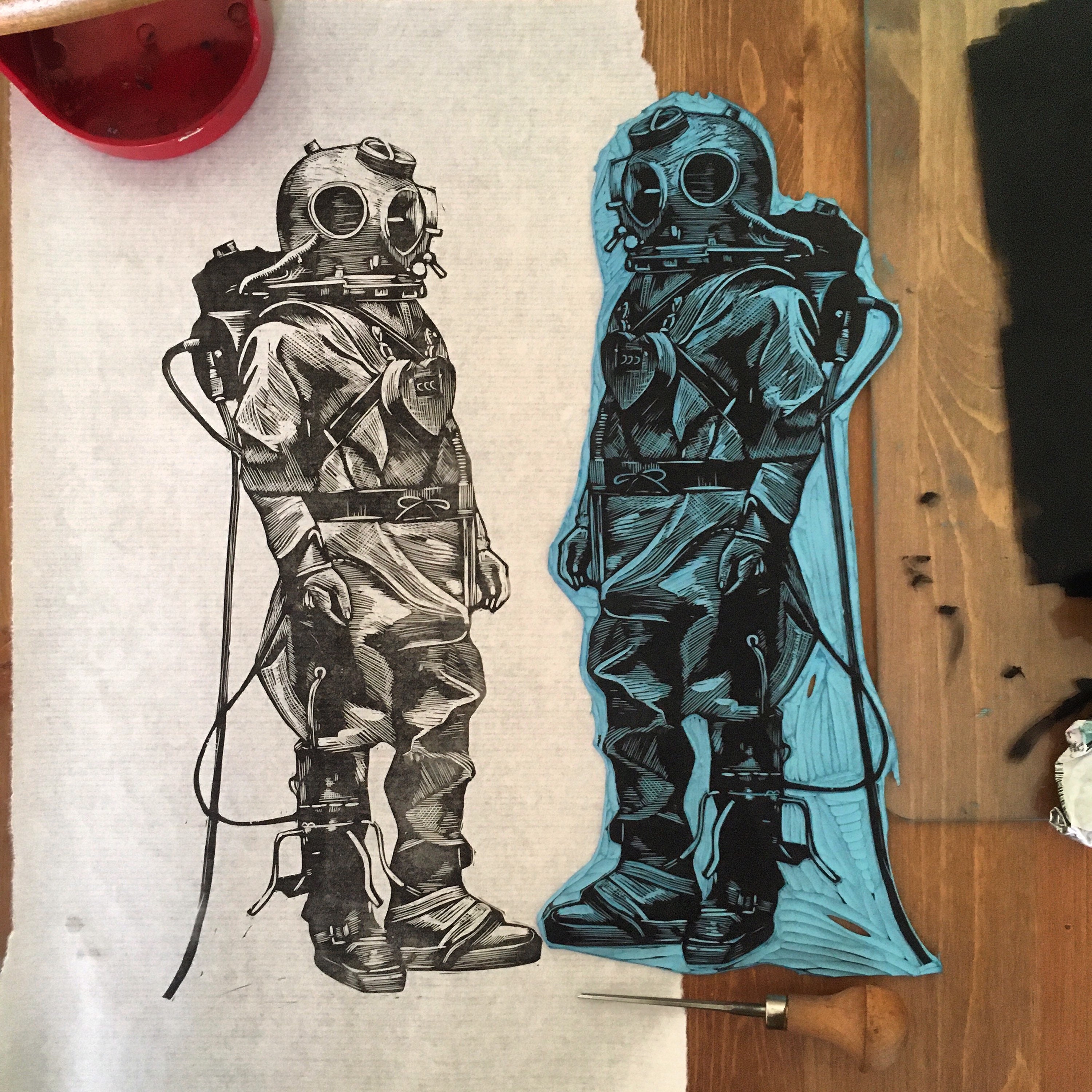Deep Sea Diver I - Original Linocut Art Print - A3 (unframed) - Etsy