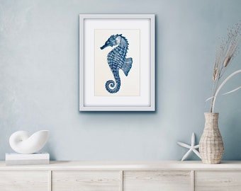 Seahorse Linocut Print - Cerulean Blue