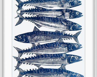 Holy Mackerel! Linocut Print | Handmade Fish Block Print | Coastal Wall Art | Original Relief Print | Marine Life Artwork | Ocean Art