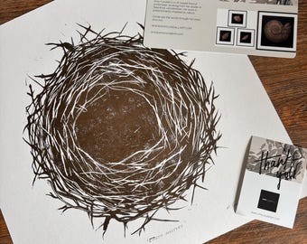 Empty Nesters | Bird Nest Linocut Print | Hand Printed Nature Art | Woodland Wall Decor | Original Block Print