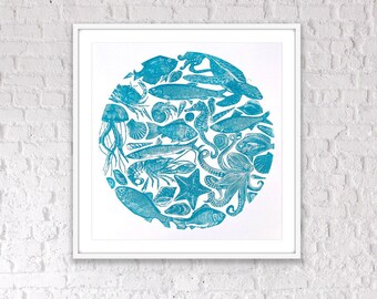 Bullauge - Großer Sea Life Linoldruck | Ocean Wand Kunst | Meerestiere Kunstwerk | Küsten Dekor