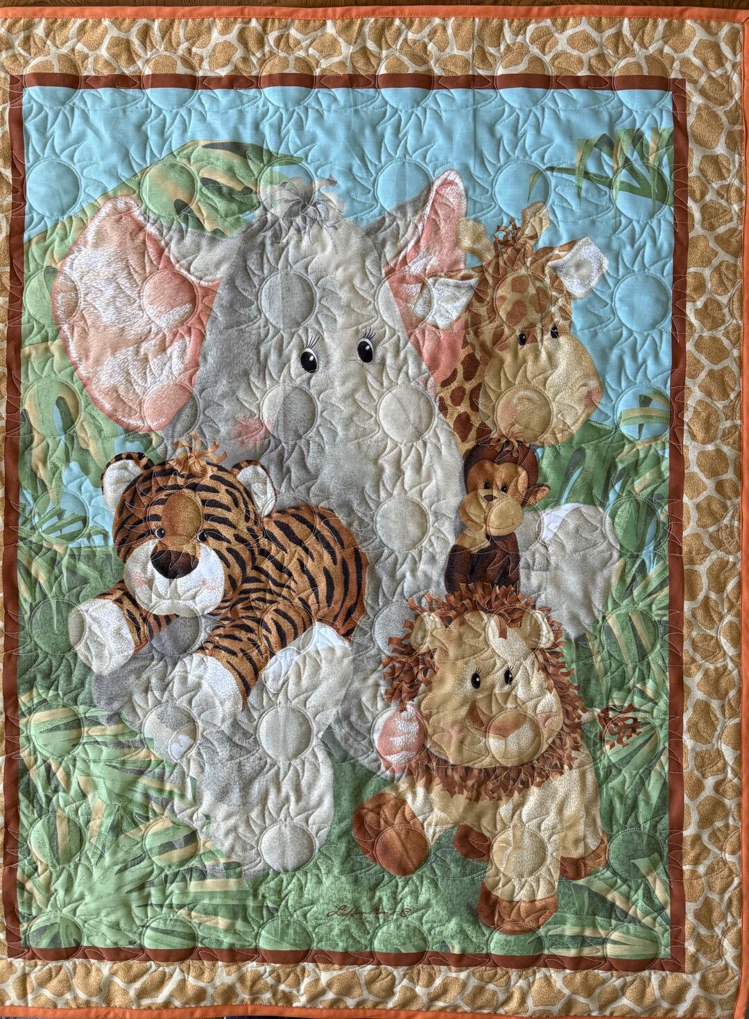Zoo Animals Baby Quilt: Embroidered Lion, Tiger, Elephant (42” X 34 ...
