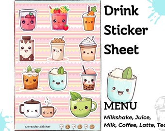 Kawaii Drink Sticker Sheet - Planner Stickers - Journal Stickers - Bullet Journal - Cute Stickers