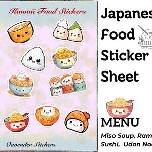 Kawaii Japanese Food Sticker Sheet - Sushi Stickers - Ramen Stickers - Planner Stickers - Journal Stickers - Cute Stickers