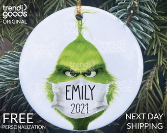 Grinch 2021 Face Mask Christmas Ornament,Personalize Grinch,Grinch Ornament,COVID Christmas,COVID Ornament, Stink Stank Stunk, Mask Ornament