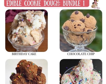 May include: A set of six edible cookie dough flavors in individual serving sizes. The flavors are Birthday Cake, Chocolate Chip, Cosmic Brownie, Funfetti, Smores, and Snickerdoodle.