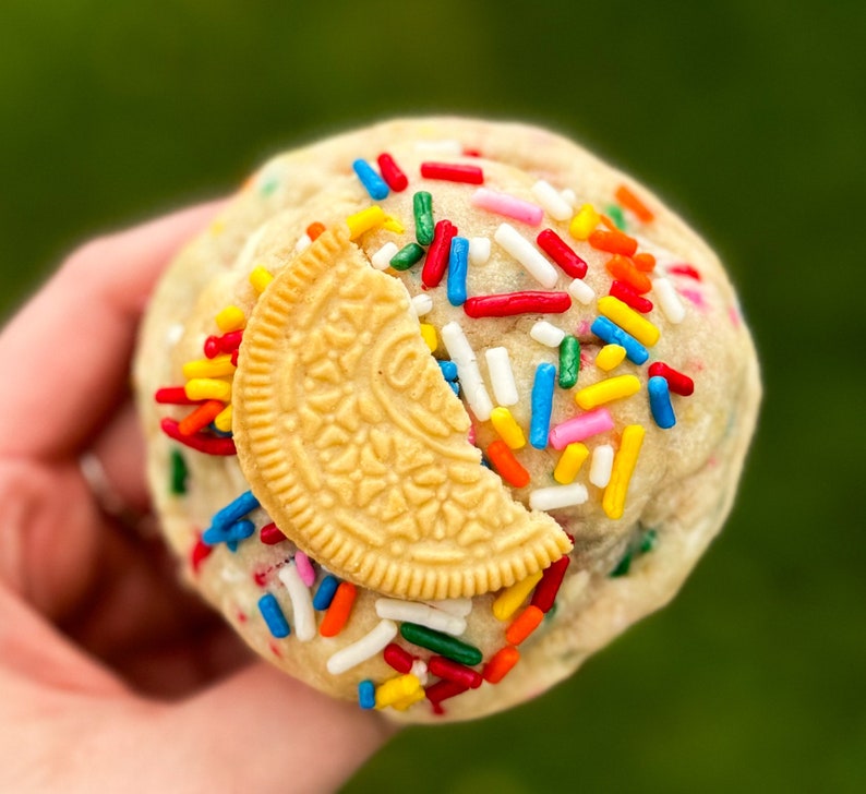 Puede incluir: Primer plano de una bola de masa para galletas cubierta de chispas de colores con una galleta Oreo de chocolate en la parte superior.