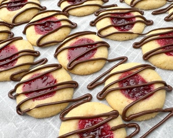 Vanilla Almond Thumbprint Cookie Recipe with Jam & Chocolate Drizzle/Cookie Recipes/Gourmet Cookies/Desserts/Seasonal/Holiday/Fruit