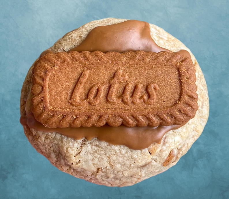 May include: A cookie topped with caramel and a Lotus brand cookie. The cookie is a light brown color and the caramel is a darker brown color.