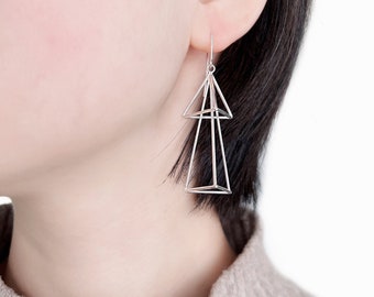 Overlapping Geometric Dangle Earrings, 3D Triangle Earrings, Pyramid Earrings, Minimalist Earrings, Silver Dangle Earrings, Handmade Jewelry