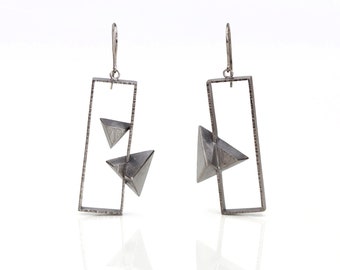 Large Asymmetric Dangle Earrings in Sterling Silver with Black/White Rhodium Coating