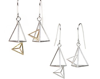 Double Triangle Mismatched Dangle Earrings, Sterling Silver Earrings, 14K Gold Earrings, Pyramid Earrings, 3D Geometric Jewelry