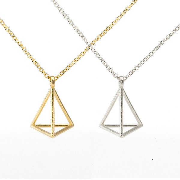 Petite Triangular Pyramid Necklace, 3D Triangle Necklace in Sterling Silver and 14K Gold  Vermeil, Minimalist Jewelry, Everyday Jewelry