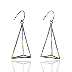 3D Triangle Dangle Earrings, 24k Gold Keum-Boo, Sterling Silver Earrings, Minimalist Earrings, Architectural Earrings, Geometric Earrings