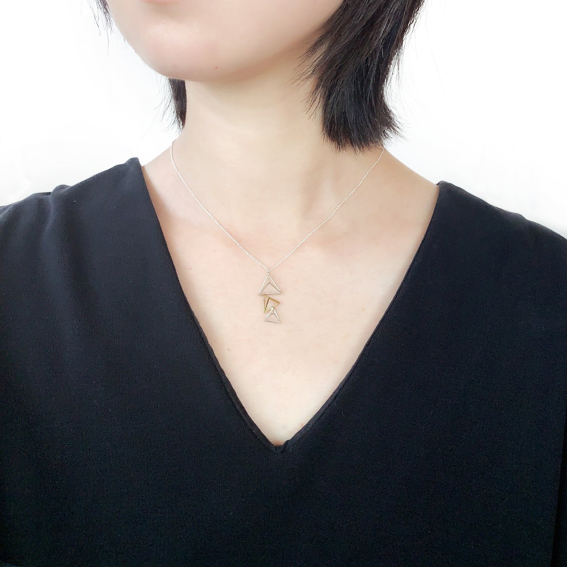 Triple Triangular Pyramid Necklace, Minimalist Jewelry, Sterling Silver ...