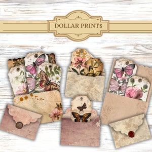 Kit de carnets imprimables, étiquettes et pochettes, papier numérique floral, papillon, papier de scrapbooking, shabby chic, techniques mixtes, téléchargement immédiat