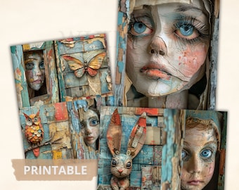 Diário lixo para impressão, mídia mista, bonecos caprichosos, papel digital, vintage, scrapbooking, artesanato, folhas de colagem de coisas efêmeras, suprimentos para scrapbook