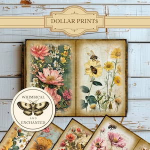Printable Junk Journal Bees & Flowers Mixed Media Whimsical Art Floral Digital Paper Scrapbook Paper Shabby Chic Craft Vintage Ephemera