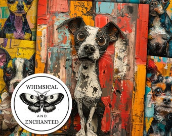 Printable Junk Journal Mixed Media Whimsical Art Dog Digital Paper Scrapbook Craft Vintage Ephemera Instant Download