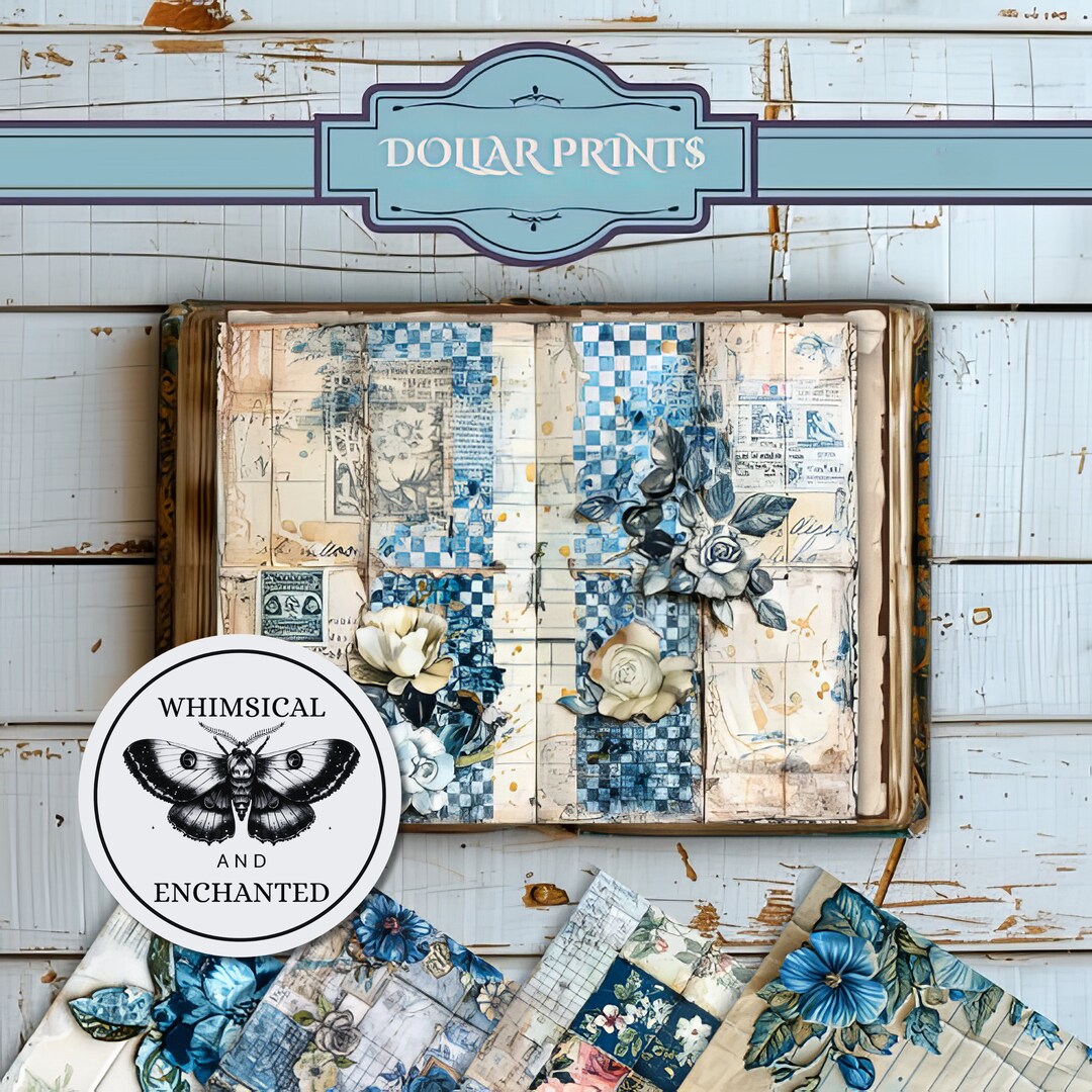 Printable Junk Journal Blue Mixed Media Whimsical Art Floral Digital ...