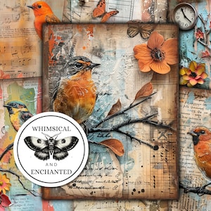 Printable Junk Journal Mixed Media Bird Whimsical Art Digital Paper Scrapbook Craft Vintage Ephemera Instant Download