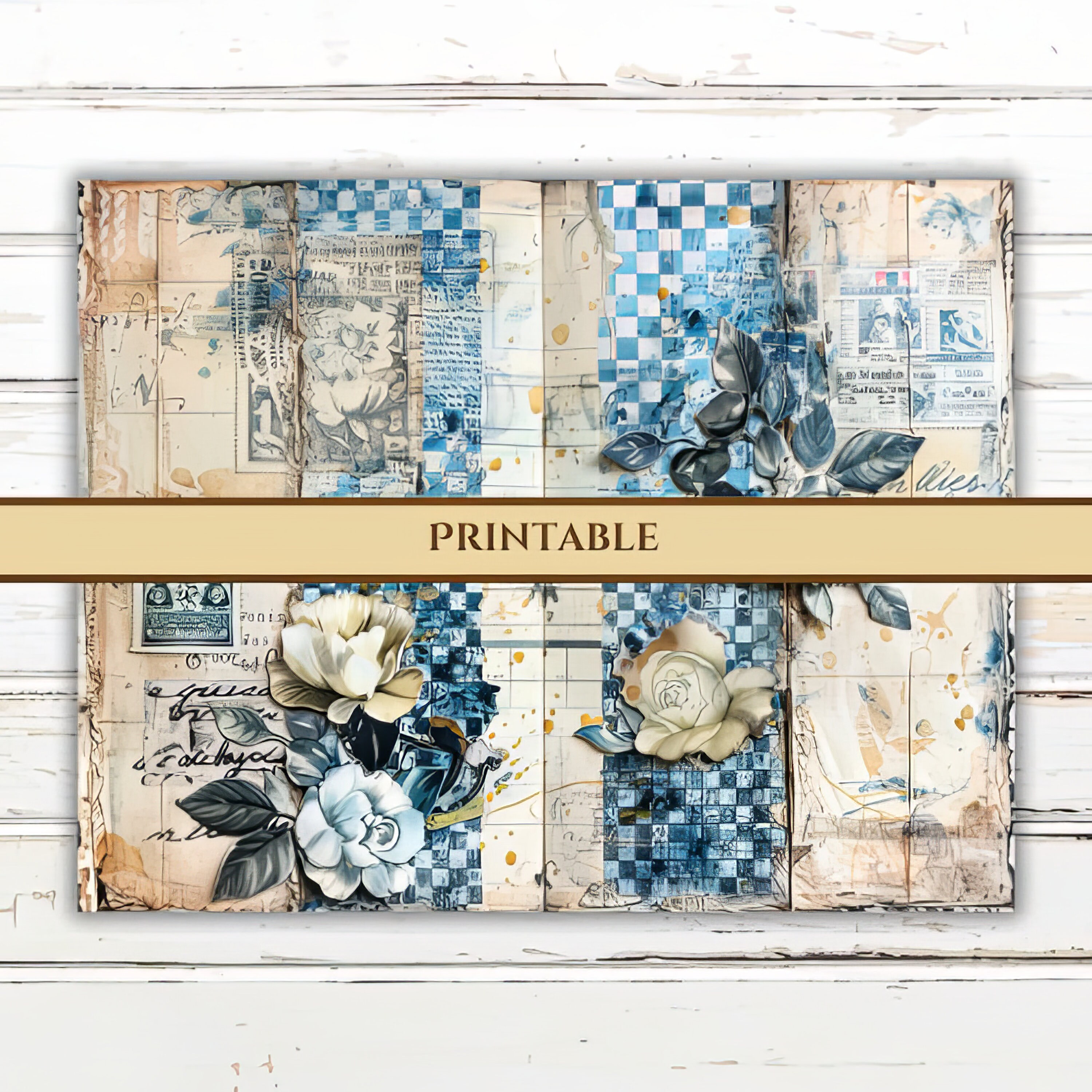 Printable Junk Journal Blue Mixed Media Whimsical Art Floral Digital ...