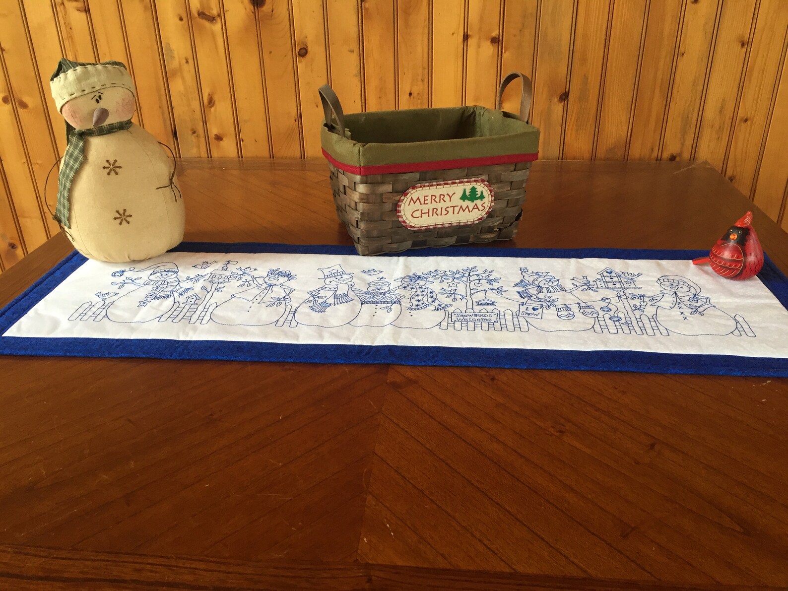 Blue Redwork Snowman Table Runner Etsy