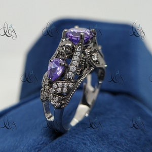 Gothic Skull 2.00 Ct Purple Amethyst Diamond Engagement Ring Two Tone Ring Black Face Skull Ring Gothic Two Skull Ring Wedding Skull Ring