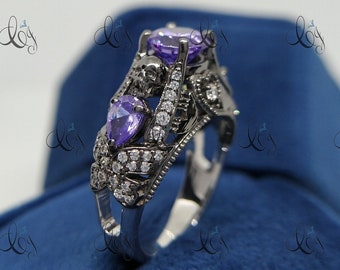 Gothic Skull 2.00 Ct Purple Amethyst Diamond Engagement Ring Two Tone Ring Black Face Skull Ring Gothic Two Skull Ring Wedding Skull Ring