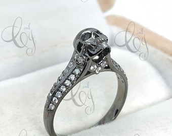 Skull Engagement Ring, Gothic Skull Ring, Wedding Ring, White Round Diamond Ring, Black Skull Ring, Modern Skull Ring, Anniversary Ring
