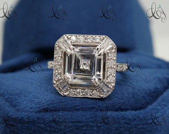 Art Deco 2.14 Carat Asscher Cut Diamond Wedding Engagement Ring In 935 Argentium Silver, Art Deco Ring, Antique Engagement Ring Vintage Ring