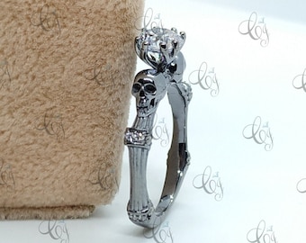 Black Skull Ring, Gothic Engagement Rings Two Face Ring Women's Ring, Vintage Wedding Ring In 925 Sterling Silver Black Rhodium Plated Ring