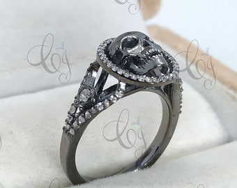 Diamond Skull Ring, Gothic Engagement Ring, Wedding Ring, Promise Ring, Diamond Minimalist Ring, Dainty Diamond Ring, Halo Skull Ring