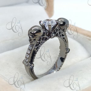 Vintage Skull Ring, 1.80 Carat Forever Moissanite Ring, Gothic Engagement Ring, Stacking Ring, Milgrain Ring, Diamond Skull Ring For Women