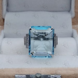 17 Carat Large Aquamarine Emerald Cut Art Deco Engagement Cocktail Ring In 925 Sterling Silver