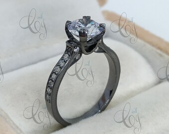 Moissanite Ring Round Cut 2.00 Carat Forever Moissanite Engagement Ring. Black Wedding Ring, Round Solitaire Ring, Unique Proposal Ring