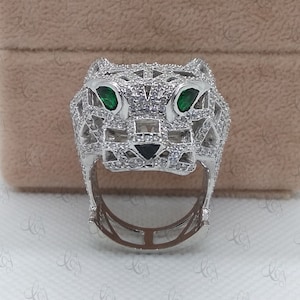 Panthere 3.80Ct White Round Cut and Green Pear Cut Eyes CZ Engagement Pinky Ring Solid 925 Silver For Mens | Cocktail Ring | Mens Heavy Ring