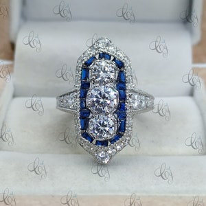 Vintage 3 Stone Ring 5.60 Ct White Round Cut and Sapphire Antique Art Deco Wedding Ring In 925 Sterling Silver For Women Deco Style Ring