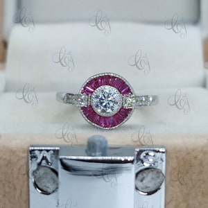 1.60 CT Vintage Art Deco Round & Ruby Bezel Set Engagement Ring, Halo Style Ring, Round Cut Ring, Antique Style Ring In 935 Argentium Silver