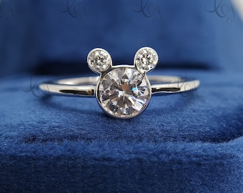 Mickey Mouse Engagement Ring, Bezel Moissanite Ring Sterling Silver, Wedding Ring, Three Stone Ring, Mickey Ring, Promise Ring, Disney Bride