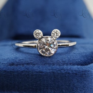 Mickey Mouse Engagement Ring, Bezel Moissanite Ring Sterling Silver, Wedding Ring, Three Stone Ring, Mickey Ring, Promise Ring, Disney Bride