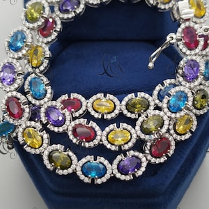 Multicolor Geometric Necklace Oval Cut Diamond Necklace Halo Necklace 925 Sterling Silver Dainty Gemstone Necklace Trendy Mixed Gem Necklace
