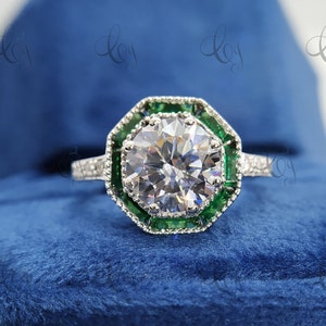 2.75 Carat Vintage Art Deco Style Diamond & Emerald Antique Engagement Ring In 935 Argentium Silver For Women Halo Ring, Ethical Ring