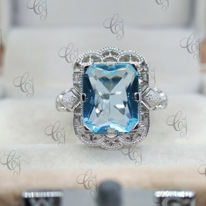 Antique 5.05 Ct Radiant Cut Aquamarine Vintage Art Deco Engagement Ring In 935 Argentium Silver Aqua Diamond Ring, Anniversary Estate Ring